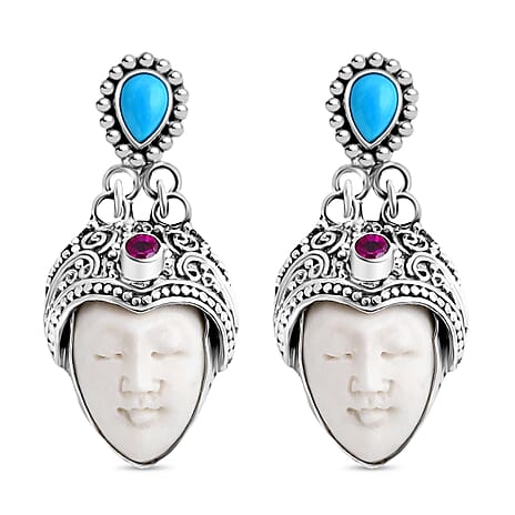 Royal Bali Collection - Ox Bone, Fissure Filled Ruby & Sleeping Beauty Turquoise Earring in Sterling Silver 12.28 Ct, Silver Wt. 16.00 Gms.