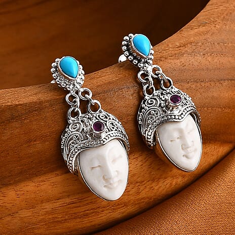 Royal Bali Collection - Ox Bone, Fissure Filled Ruby & Sleeping Beauty Turquoise Earring in Sterling Silver 12.28 Ct, Silver Wt. 16.00 Gms.