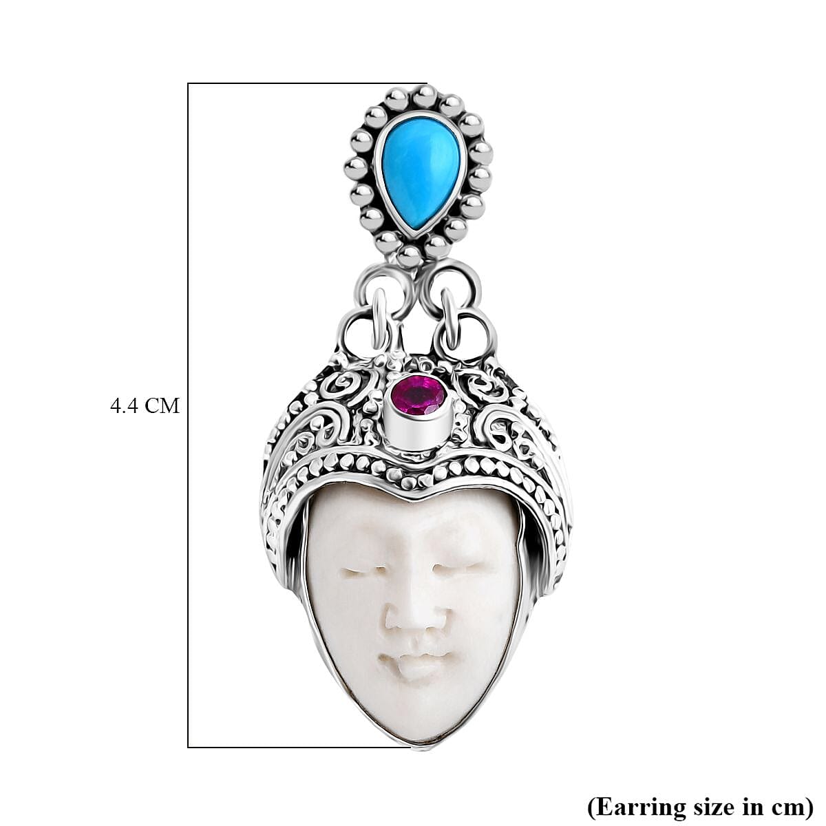 Royal Bali Collection - Ox Bone, Fissure Filled Ruby & Sleeping Beauty Turquoise Earring in Sterling Silver 12.28 Ct, Silver Wt. 16.00 Gms.