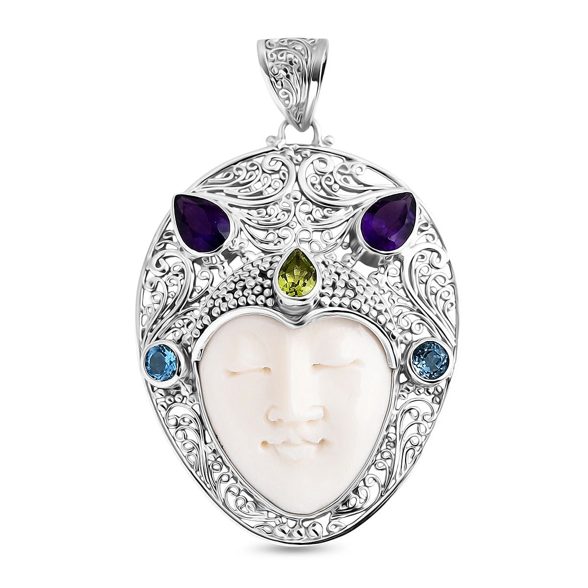 Royal Bali Collection - Ox Bone, Peridot, Swiss Blue Topaz & African Amethyst Pendant in Sterling Silver 17.96 Ct, Silver wt. 8.25 Gms.