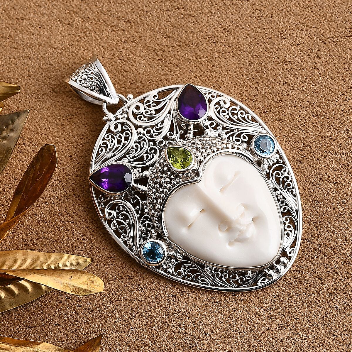 Royal Bali Collection - Ox Bone, Peridot, Swiss Blue Topaz & African Amethyst Pendant in Sterling Silver 17.96 Ct, Silver wt. 8.25 Gms.
