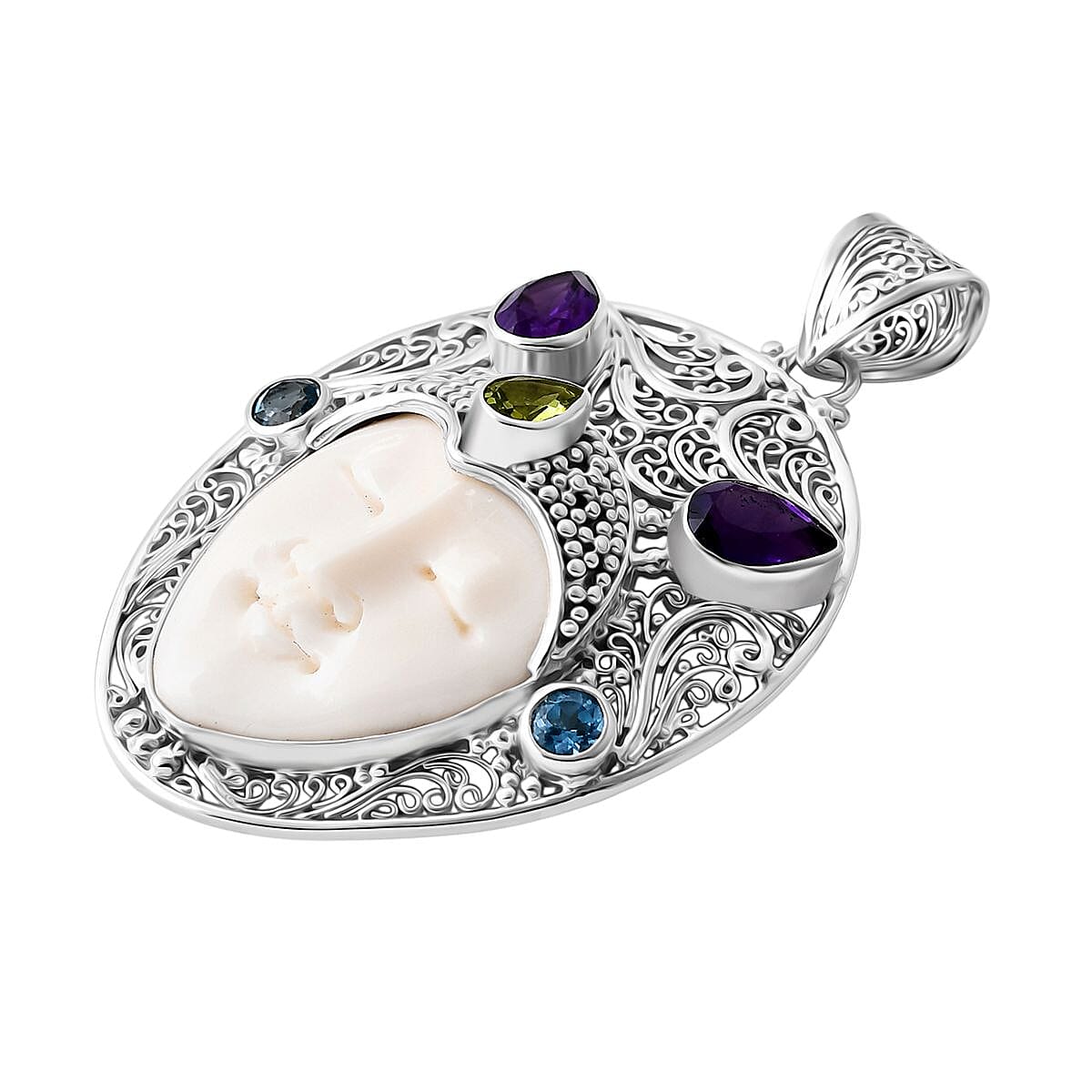 Royal Bali Collection - Ox Bone, Peridot, Swiss Blue Topaz & African Amethyst Pendant in Sterling Silver 17.96 Ct, Silver wt. 8.25 Gms.