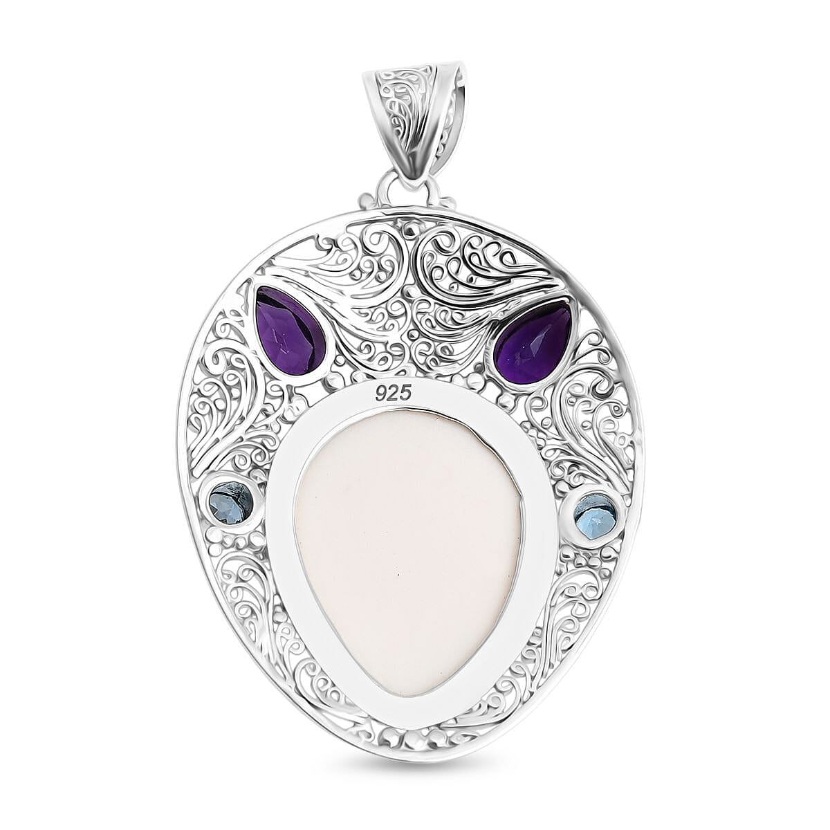 Royal Bali Collection - Ox Bone, Peridot, Swiss Blue Topaz & African Amethyst Pendant in Sterling Silver 17.96 Ct, Silver wt. 8.25 Gms.
