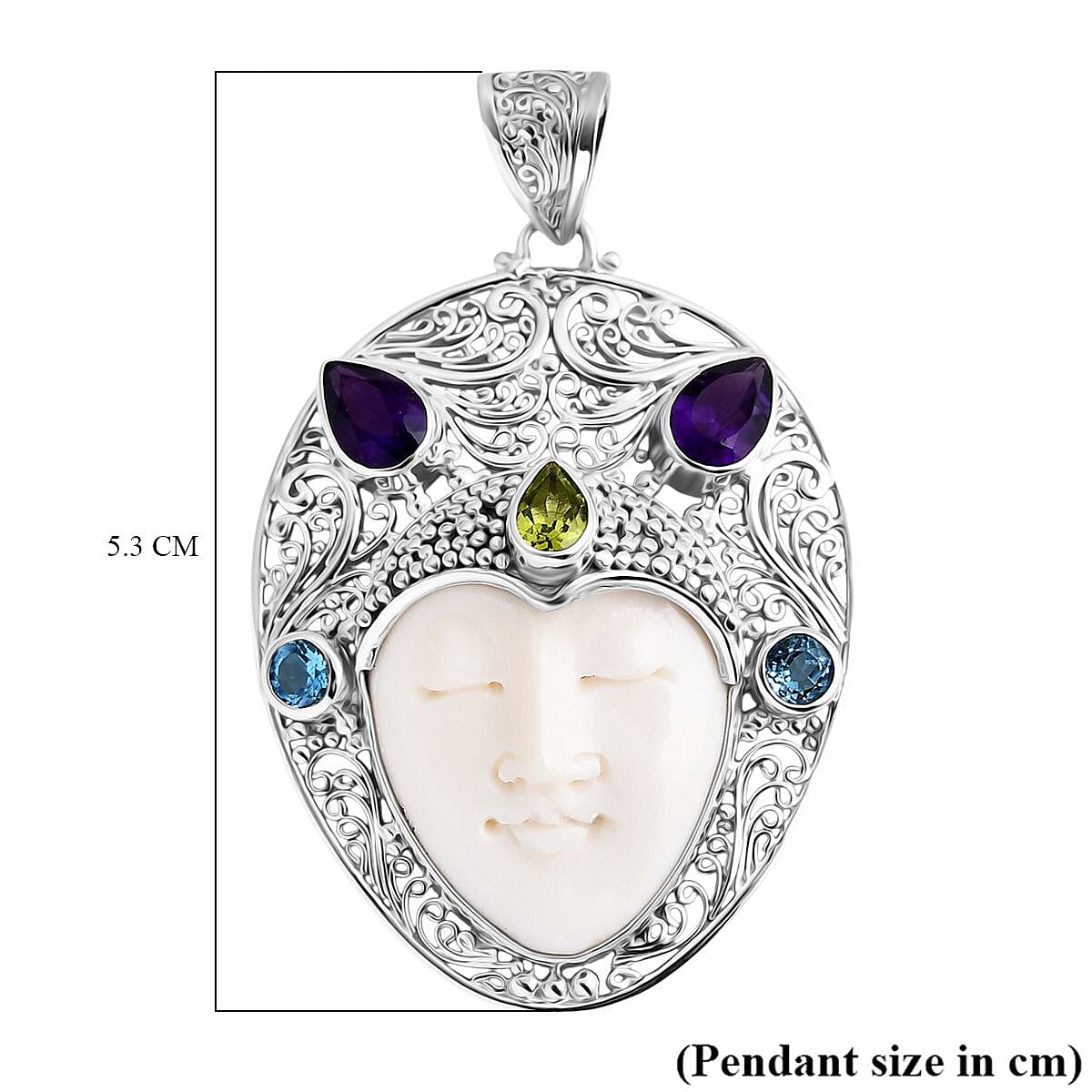Royal Bali Collection - Ox Bone, Peridot, Swiss Blue Topaz & African Amethyst Pendant in Sterling Silver 17.96 Ct, Silver wt. 8.25 Gms.
