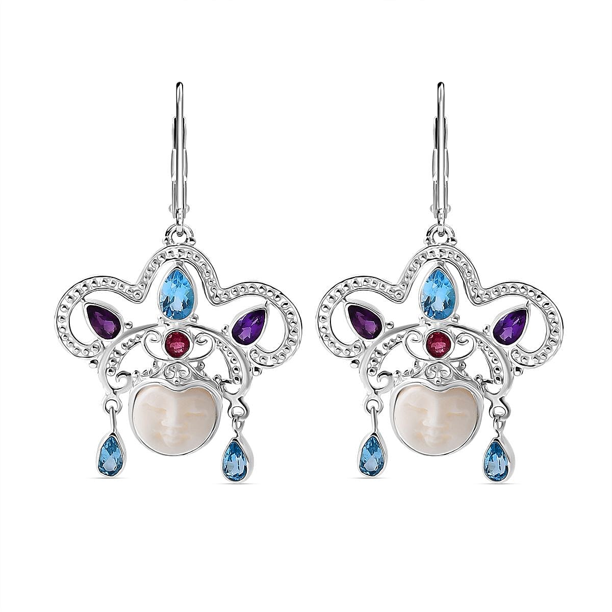 Royal Bali Collection - Ox Bone, Swiss Blue Topaz, African Amethyst & Multi-Tourmaline Earring with Lever Back in Sterling Silver 6.81 Ct, Silver Wt. 6.00 Gms.