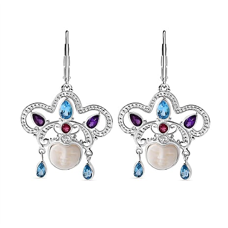 Royal Bali Collection - Ox Bone, Swiss Blue Topaz, African Amethyst & Multi-Tourmaline Earring with Lever Back in Sterling Silver 6.81 Ct, Silver Wt. 6.00 Gms.