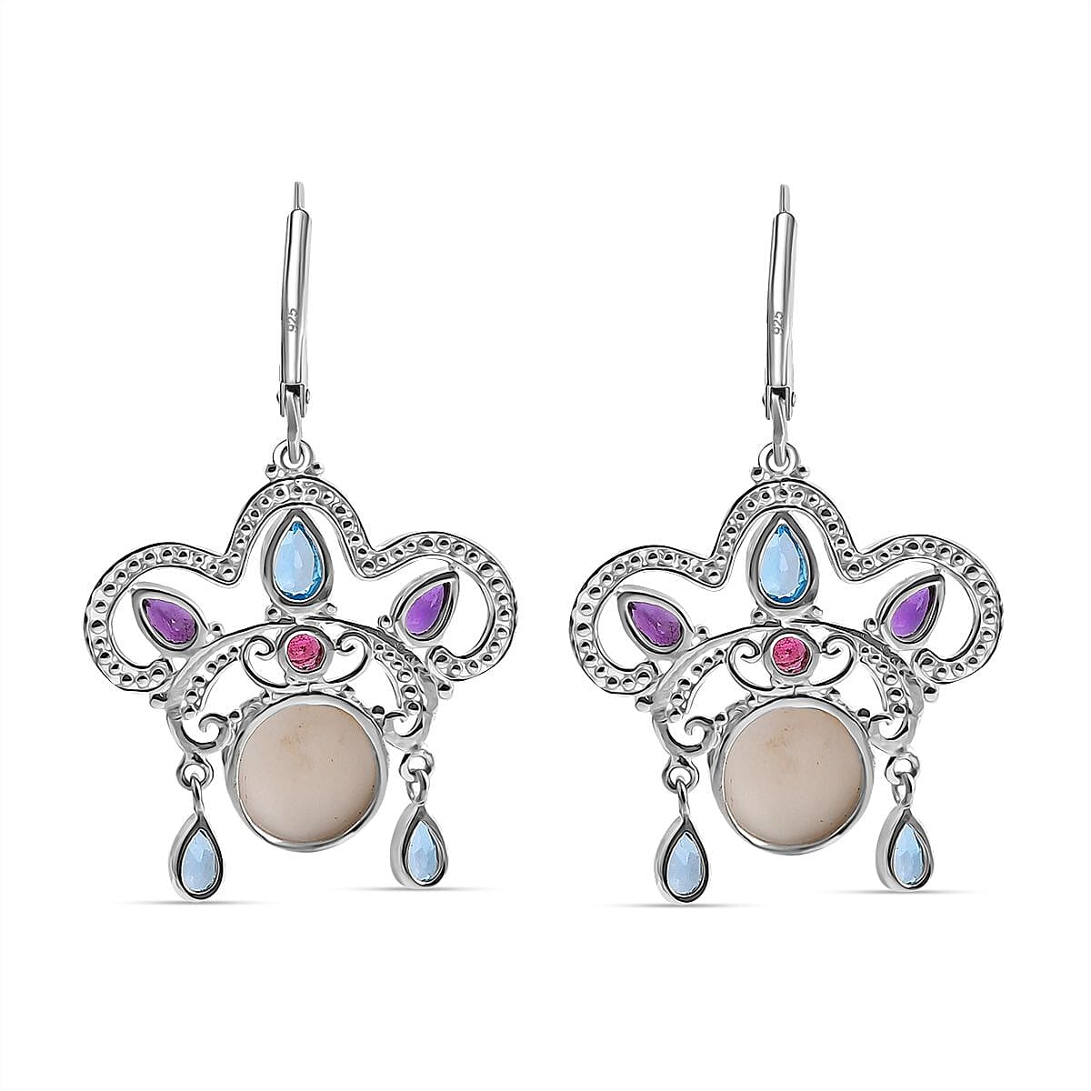 Royal Bali Collection - Ox Bone, Swiss Blue Topaz, African Amethyst & Multi-Tourmaline Earring with Lever Back in Sterling Silver 6.81 Ct, Silver Wt. 6.00 Gms.