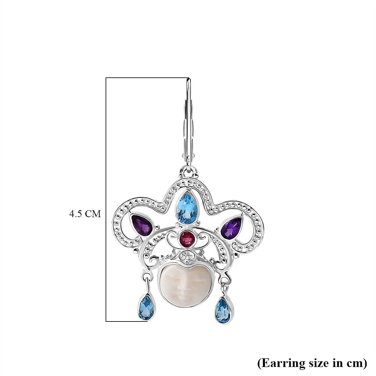 Royal Bali Collection - Ox Bone, Swiss Blue Topaz, African Amethyst & Multi-Tourmaline Earring with Lever Back in Sterling Silver 6.81 Ct, Silver Wt. 6.00 Gms.