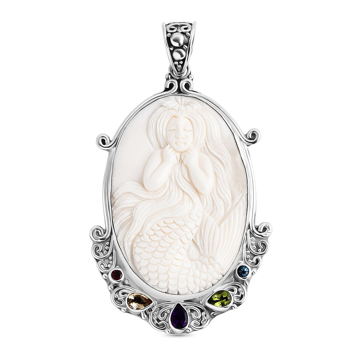Royal Bali Collection - Ox Bone & Multi Gemstones Pendant in Sterling Silver 37.02 Ct, Silver Wt. 14.96 Gms.