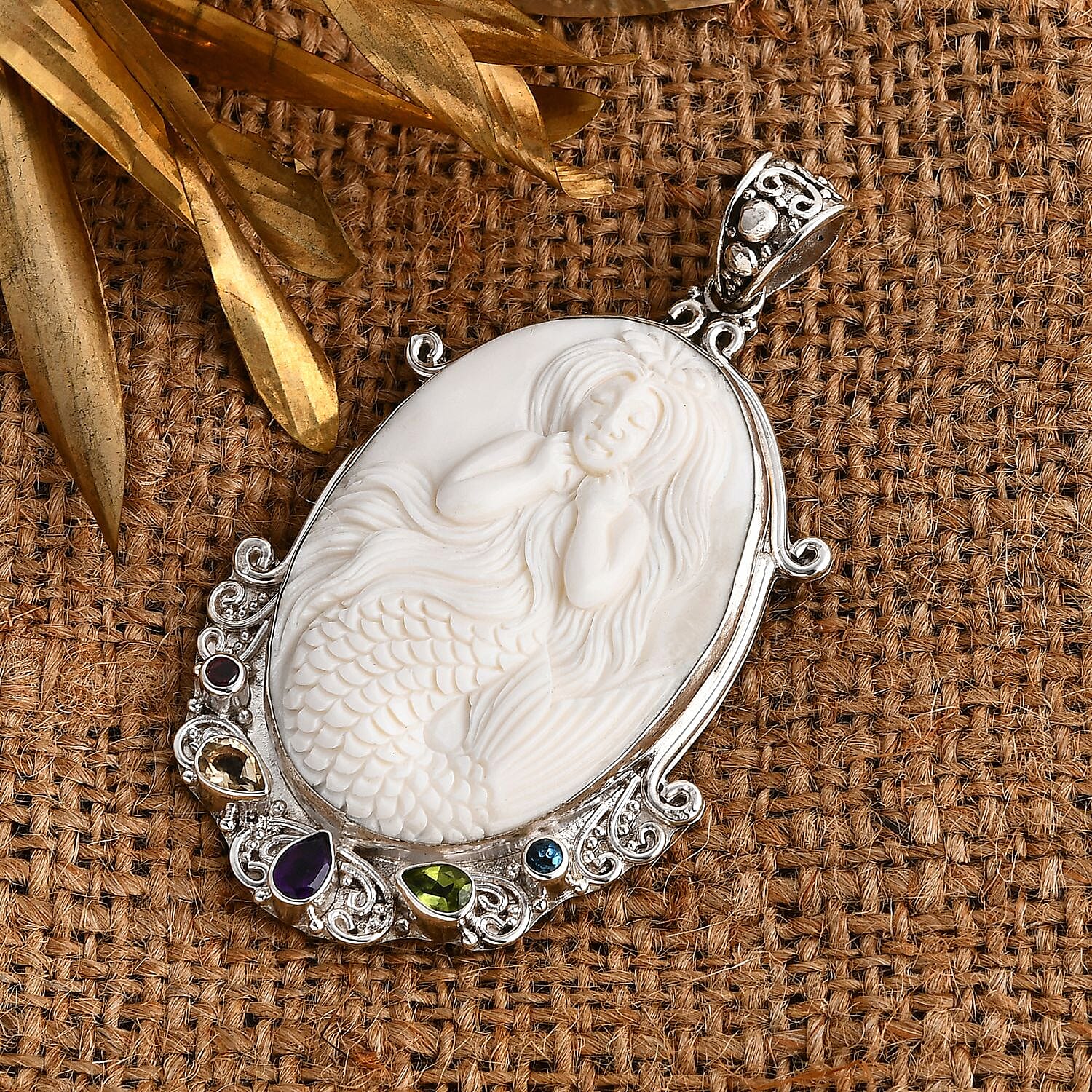 Royal Bali Collection - Ox Bone & Multi Gemstones Pendant in Sterling Silver 37.02 Ct, Silver Wt. 14.96 Gms.