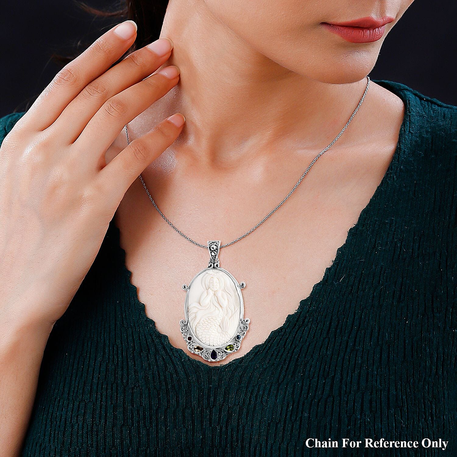 Royal Bali Collection - Ox Bone & Multi Gemstones Pendant in Sterling Silver 37.02 Ct, Silver Wt. 14.96 Gms.