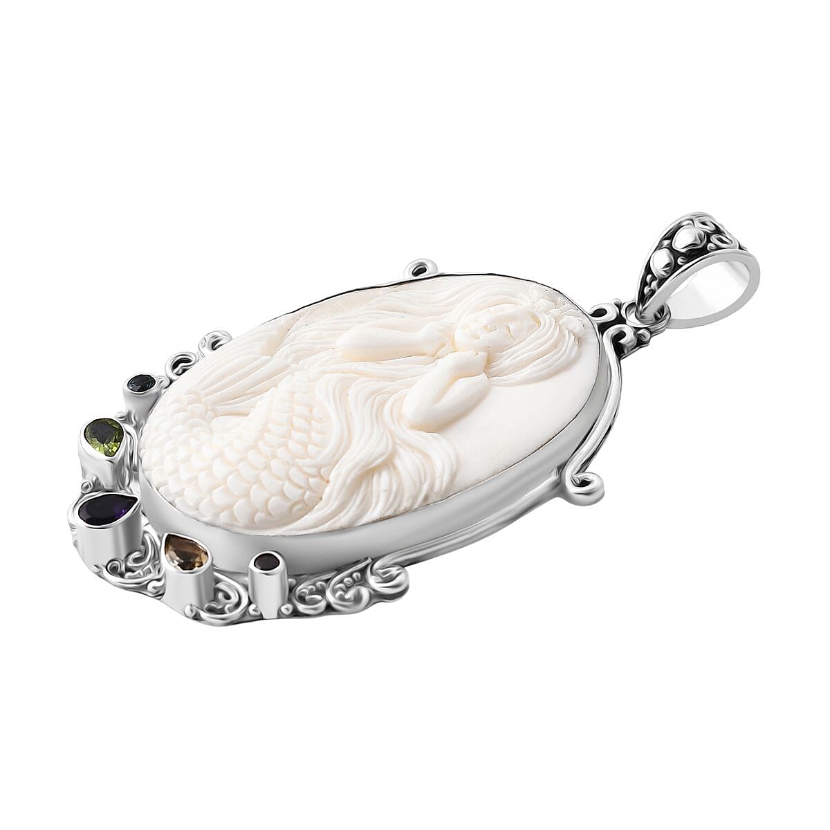 Royal Bali Collection - Ox Bone & Multi Gemstones Pendant in Sterling Silver 37.02 Ct, Silver Wt. 14.96 Gms.
