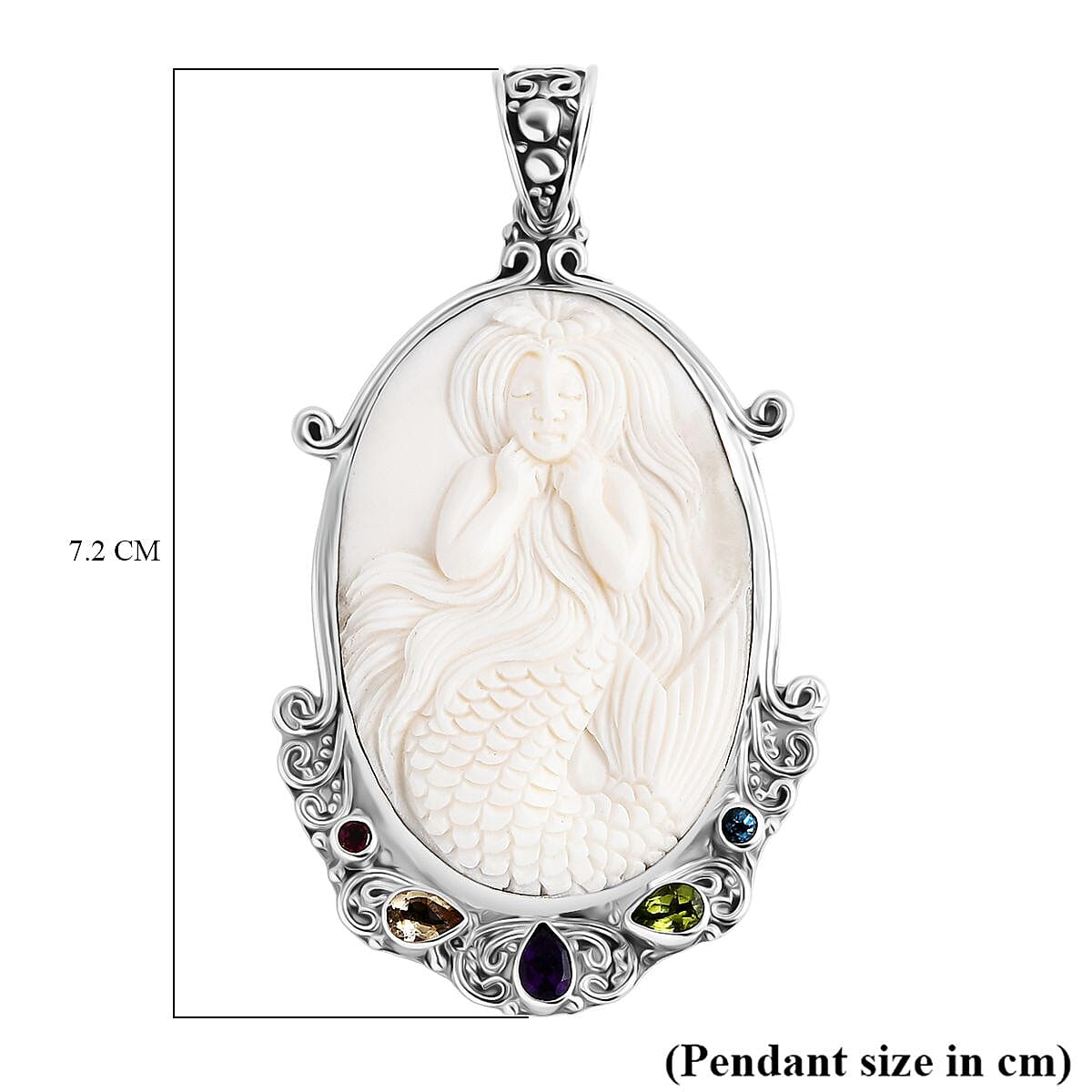 Royal Bali Collection - Ox Bone & Multi Gemstones Pendant in Sterling Silver 37.02 Ct, Silver Wt. 14.96 Gms.