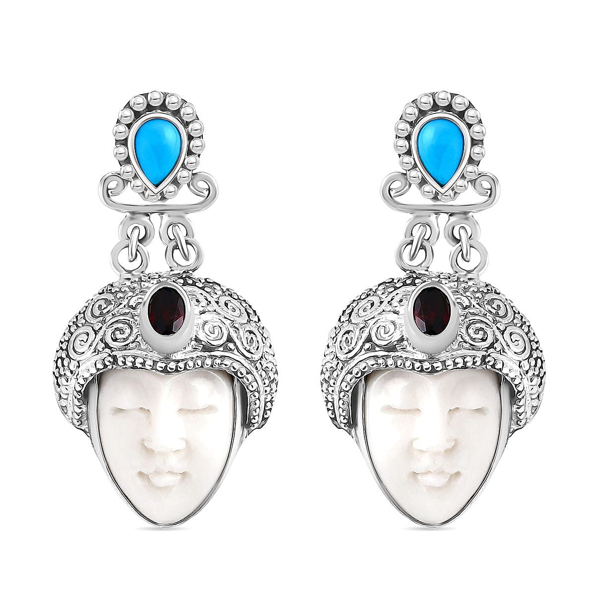 Royal Bali Collection - Ox Bone, Red Garnet & Sleeping Beauty Turquoise Earring with Push Back in Sterling Silver 14.59 Ct, Silver Wt. 18.00 Gms.