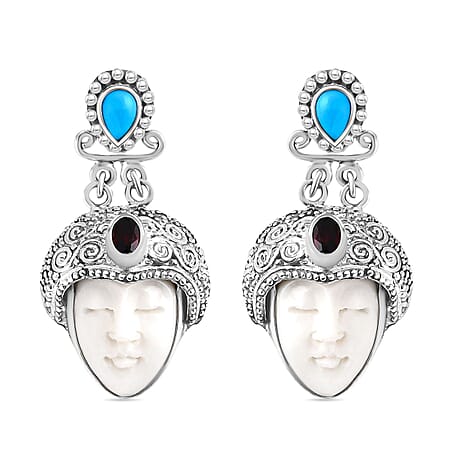 Royal Bali Collection Ox Bone, Red Garnet and Sleeping Beauty Turquoise Earring with Push Back in Sterling Silver 14.59 Ct. Royal Bali Collection Ox Bone, Red Garnet and Sleeping Beauty Turquoise Earring with Push Back in Sterling Silver 14.59 Ct.