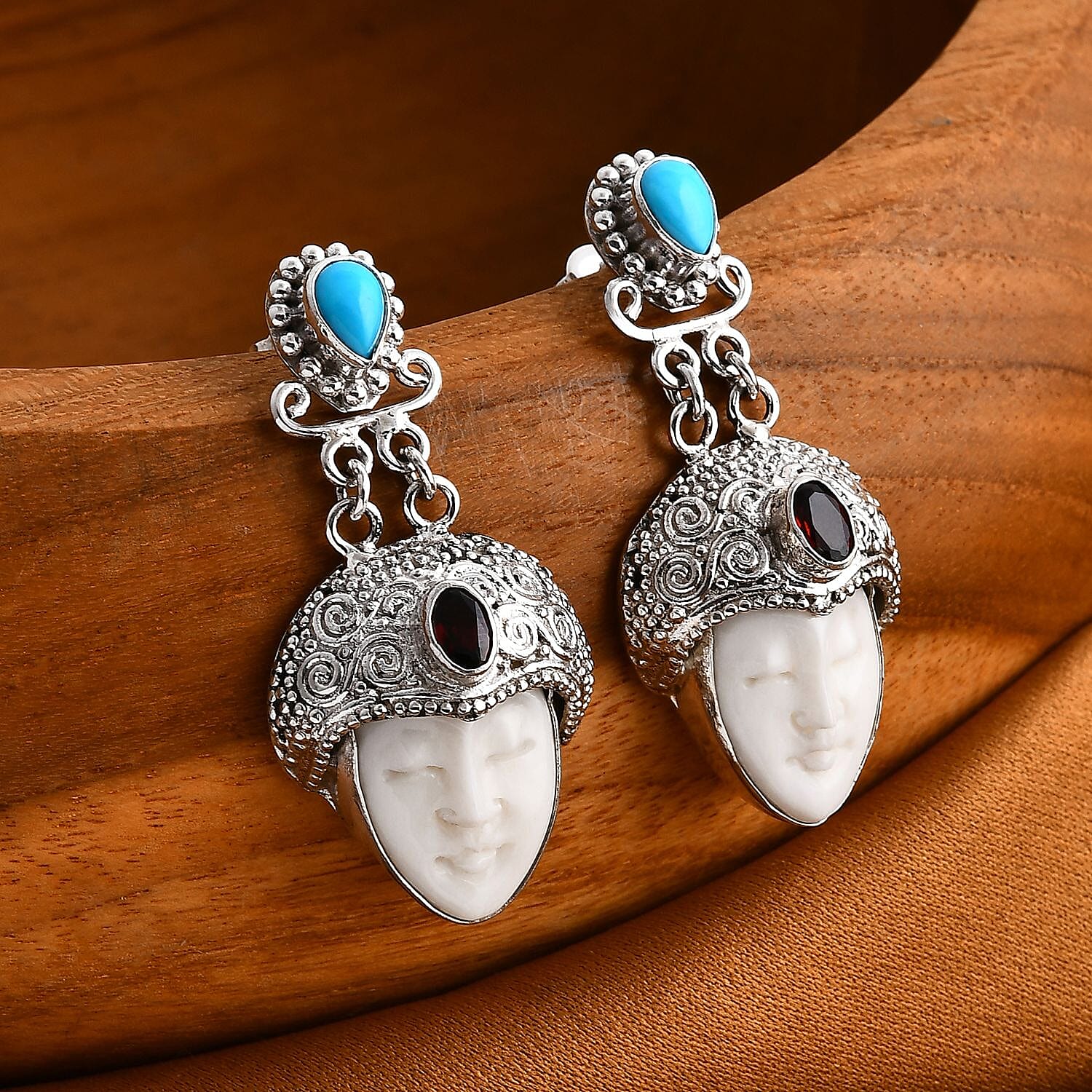 Royal Bali Collection - Ox Bone, Red Garnet & Sleeping Beauty Turquoise Earring with Push Back in Sterling Silver 14.59 Ct, Silver Wt. 18.00 Gms.