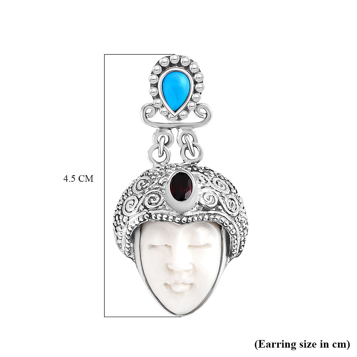 Royal Bali Collection - Ox Bone, Red Garnet & Sleeping Beauty Turquoise Earring with Push Back in Sterling Silver 14.59 Ct, Silver Wt. 18.00 Gms.