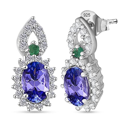 Tanzanite, Emerald & White Zircon Solitaire Stud Push Post Earring in Rhodium Overlay Sterling Silver 1.35 Ct.