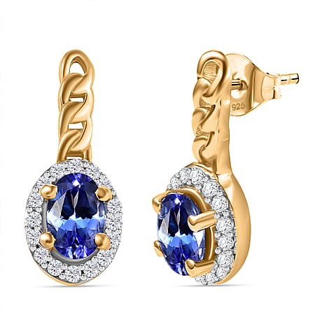 Tanzanite & White Zircon Solitaire Stud Push Post Earring in 18K Vermeil Yellow Gold Plated Sterling Silver 1.24 Ct.
