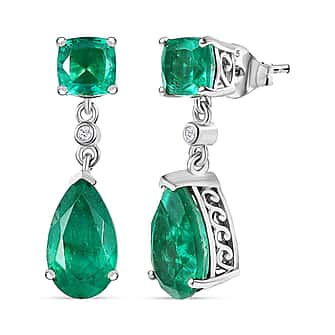 Emeraldine Triplet Quartz & White Zircon Dangling Earring with Push Back in Platinum Overlay Sterling Silver 7.94 Ct.