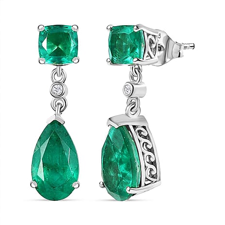 Emeraldine Triplet Quartz & White Zircon Dangling Earring with Push Back in Platinum Overlay Sterling Silver 7.94 Ct.