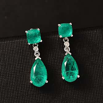 Emeraldine Triplet Quartz & White Zircon Dangling Earring with Push Back in Platinum Overlay Sterling Silver 7.94 Ct.