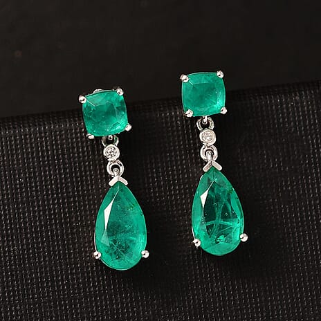 Emeraldine Triplet Quartz & White Zircon Dangling Earring with Push Back in Platinum Overlay Sterling Silver 7.94 Ct.