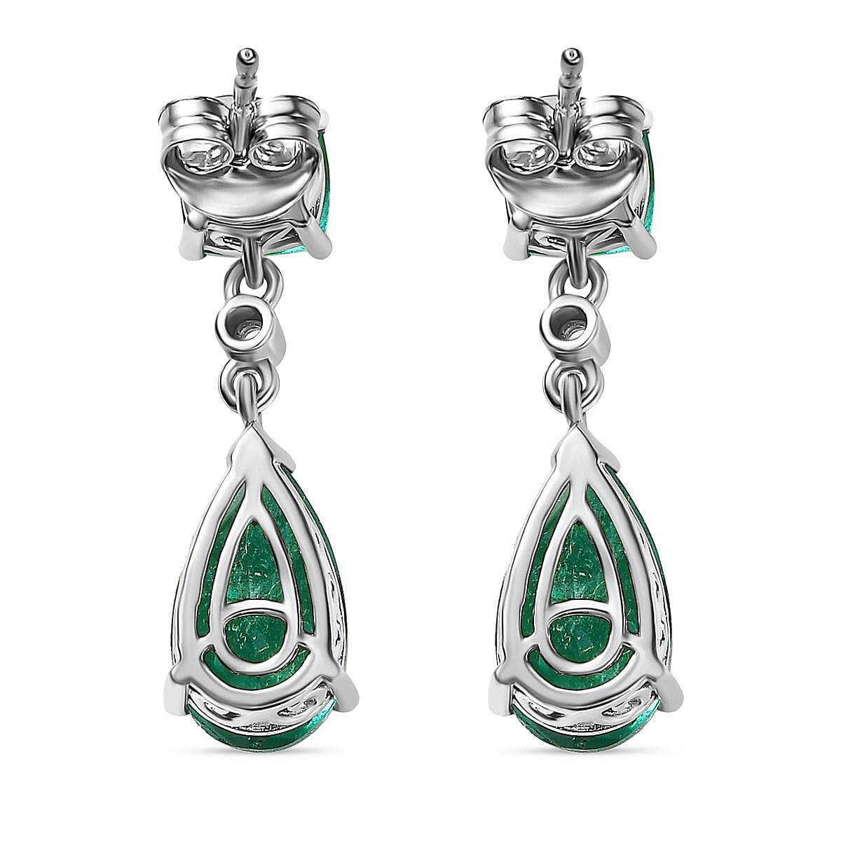 Emeraldine Triplet Quartz & White Zircon Dangling Earring with Push Back in Platinum Overlay Sterling Silver 7.94 Ct. Emeraldine Triplet Quartz & White Zircon Dangling Earring with Push Back in Platinum Overlay Sterling Silver 7.94 Ct.