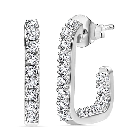Moissanite J-Hoop Earring with Push Back in Rhodium Overlay Sterling Silver Moissanite J-Hoop Earring with Push Back in Rhodium Overlay Sterling Silver