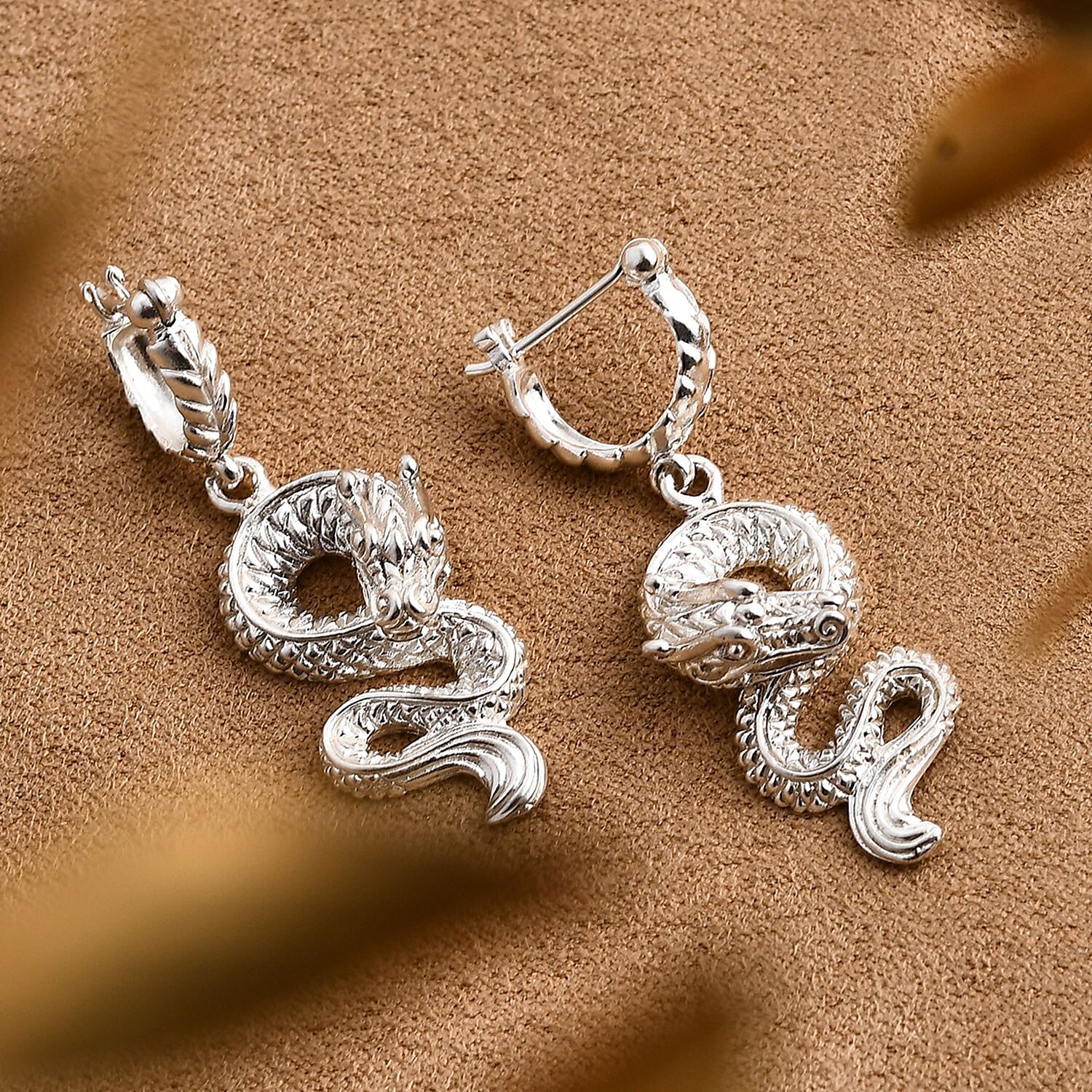 Royal Bali Collection - Handmade Sterling Silver Dragon Earrings with Clasp, Silver Wt. 10.00 Gms.