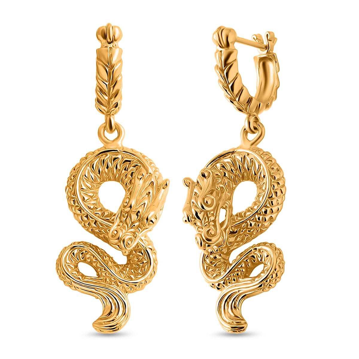 Royal Bali Collection - Handmade Dragon Earrings with Clasp in 22K Vermeil Yellow Gold Plated Sterling Silver, Silver Wt. 10.00 Gms.