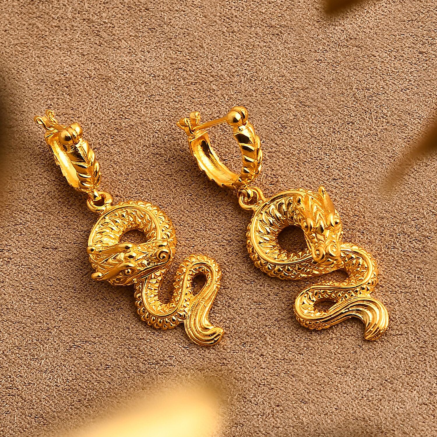Royal Bali Collection - Handmade Dragon Earrings with Clasp in 22K Vermeil Yellow Gold Plated Sterling Silver, Silver Wt. 10.00 Gms.