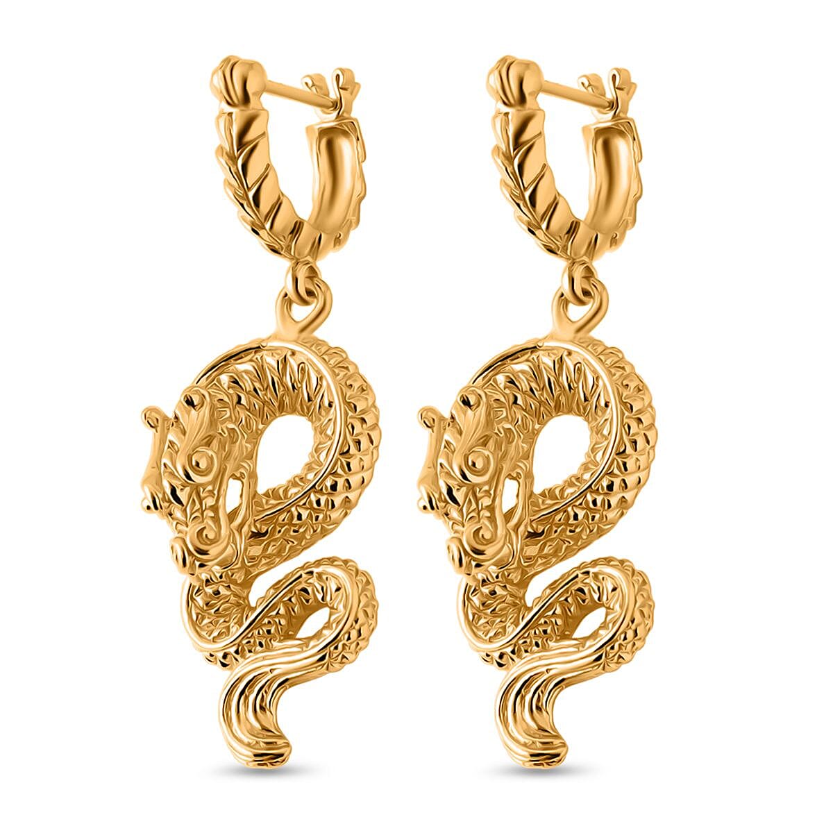 Royal Bali Collection - Handmade Dragon Earrings with Clasp in 22K Vermeil Yellow Gold Plated Sterling Silver, Silver Wt. 10.00 Gms.