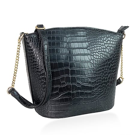Croc Embossed Shoulder Bag (Size 22x12x28 cm) - Black