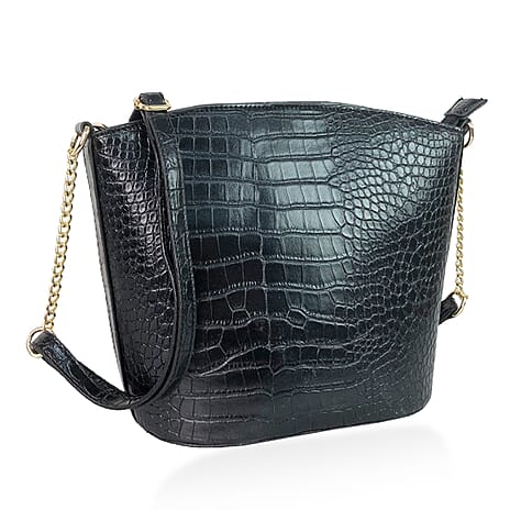Croc Embossed Shoulder Bag (Size 22x12x28 cm) - Black