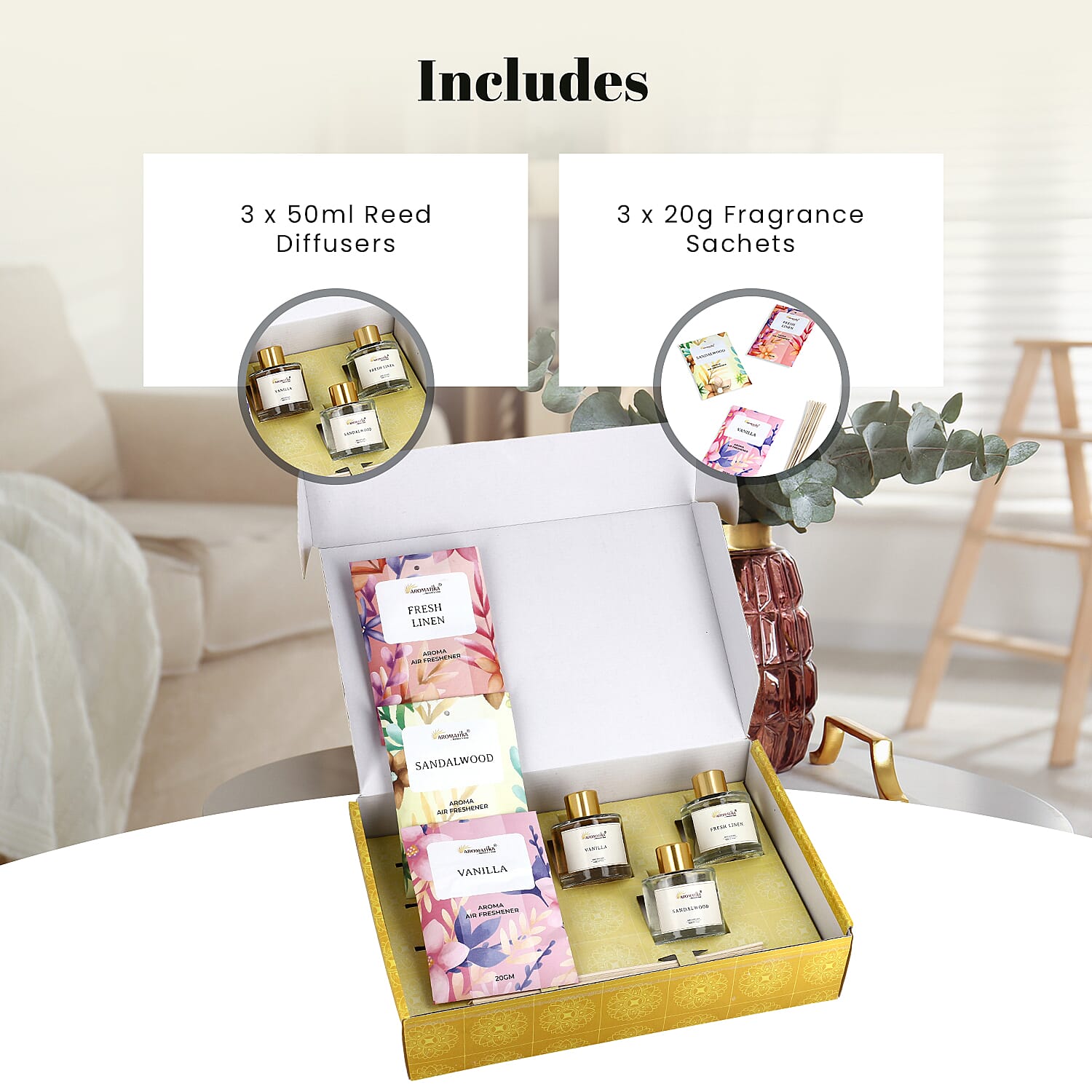 Aroma Therapy Gift Combo- 3 Pack Reed Diffusers (50ml) & Fragrance Sachets (20gm)