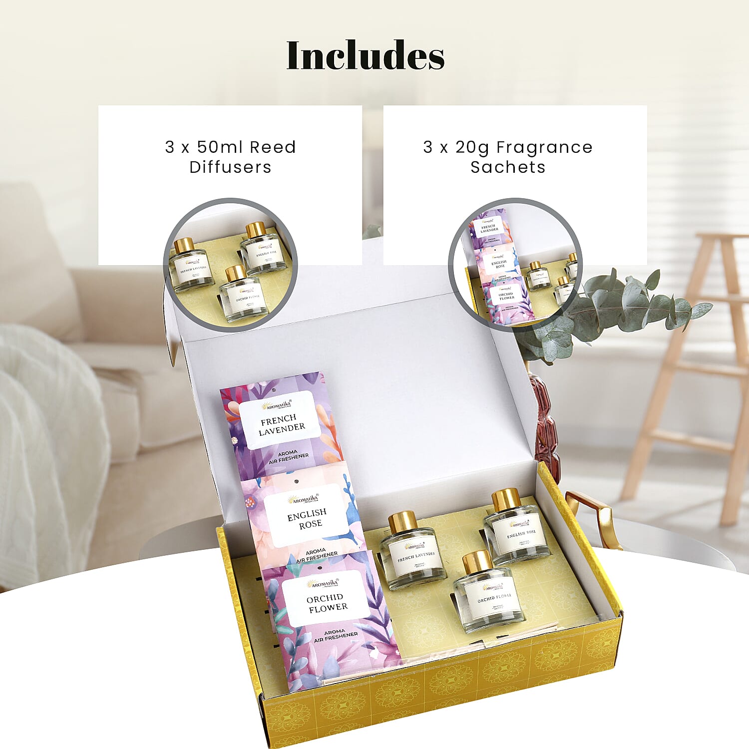 Aroma Therapy Gift Combo- 3 Pack Reed Diffusers (50ml) & Fragrance Sachets (20gm)