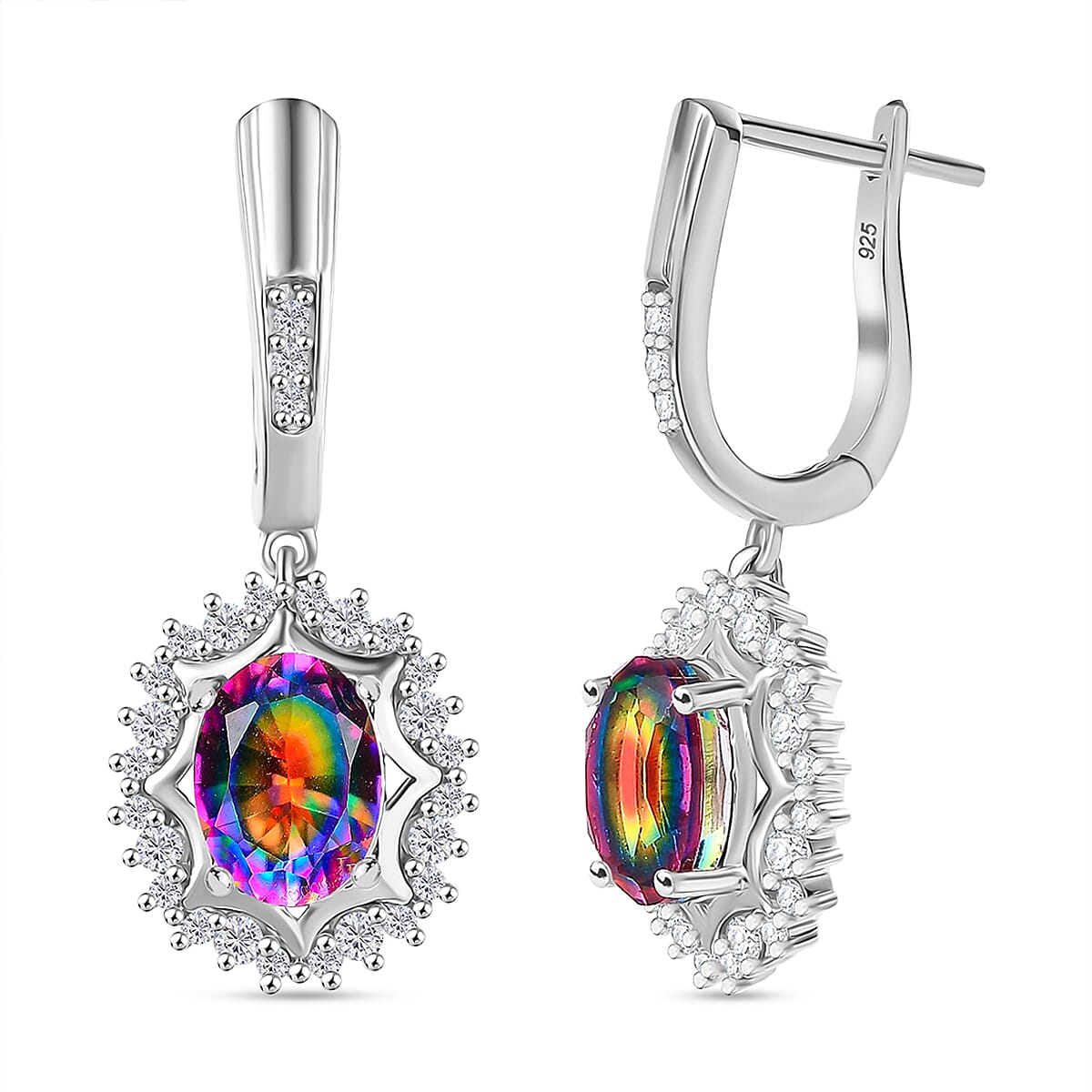 Nebula Quartz & White Zircon Cosmic Cloud Dangling Earring with Hoop in Rhodium Overlay Sterling Silver 3.43 Ct.