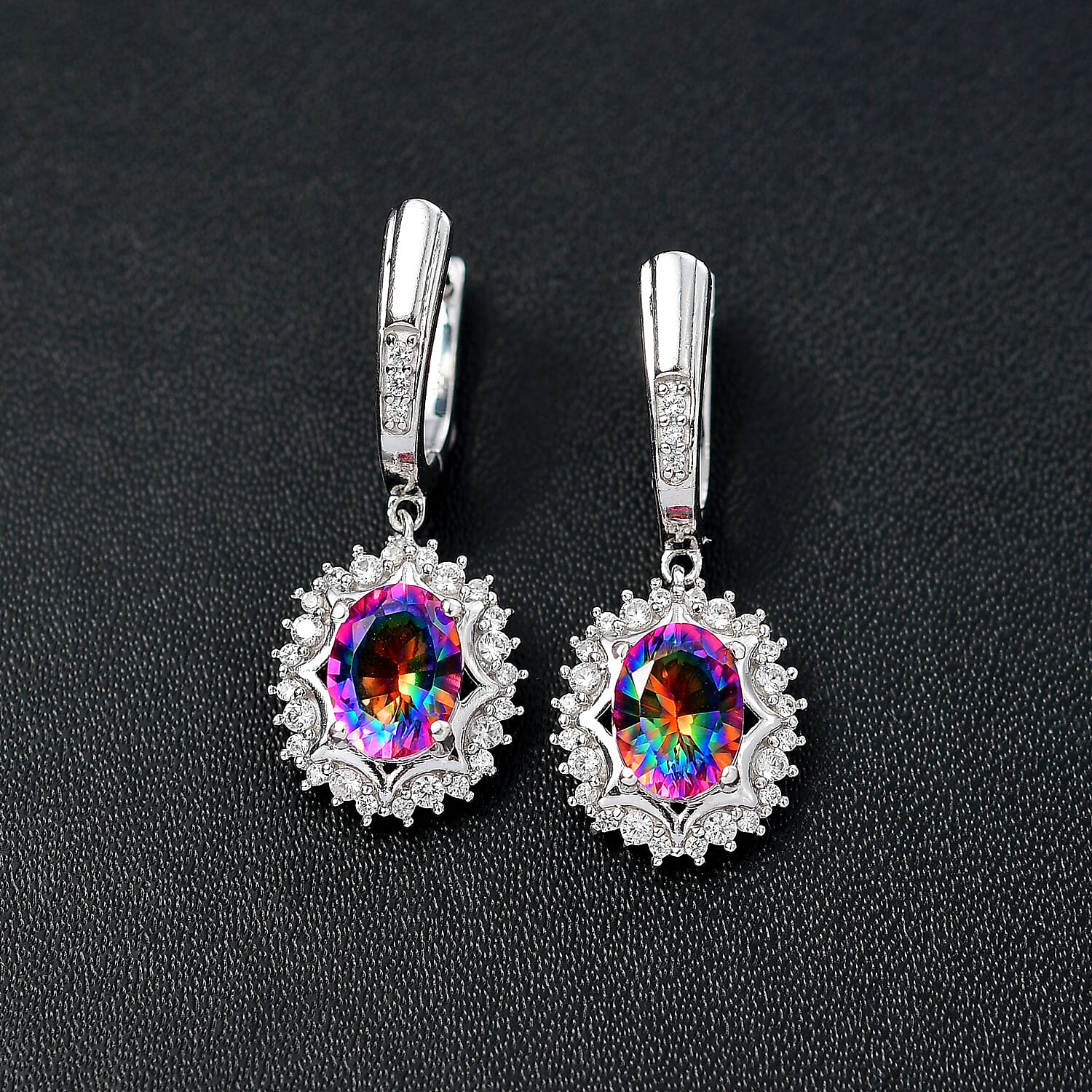 Nebula Quartz & White Zircon Cosmic Cloud Dangling Earring with Hoop in Rhodium Overlay Sterling Silver 3.43 Ct.