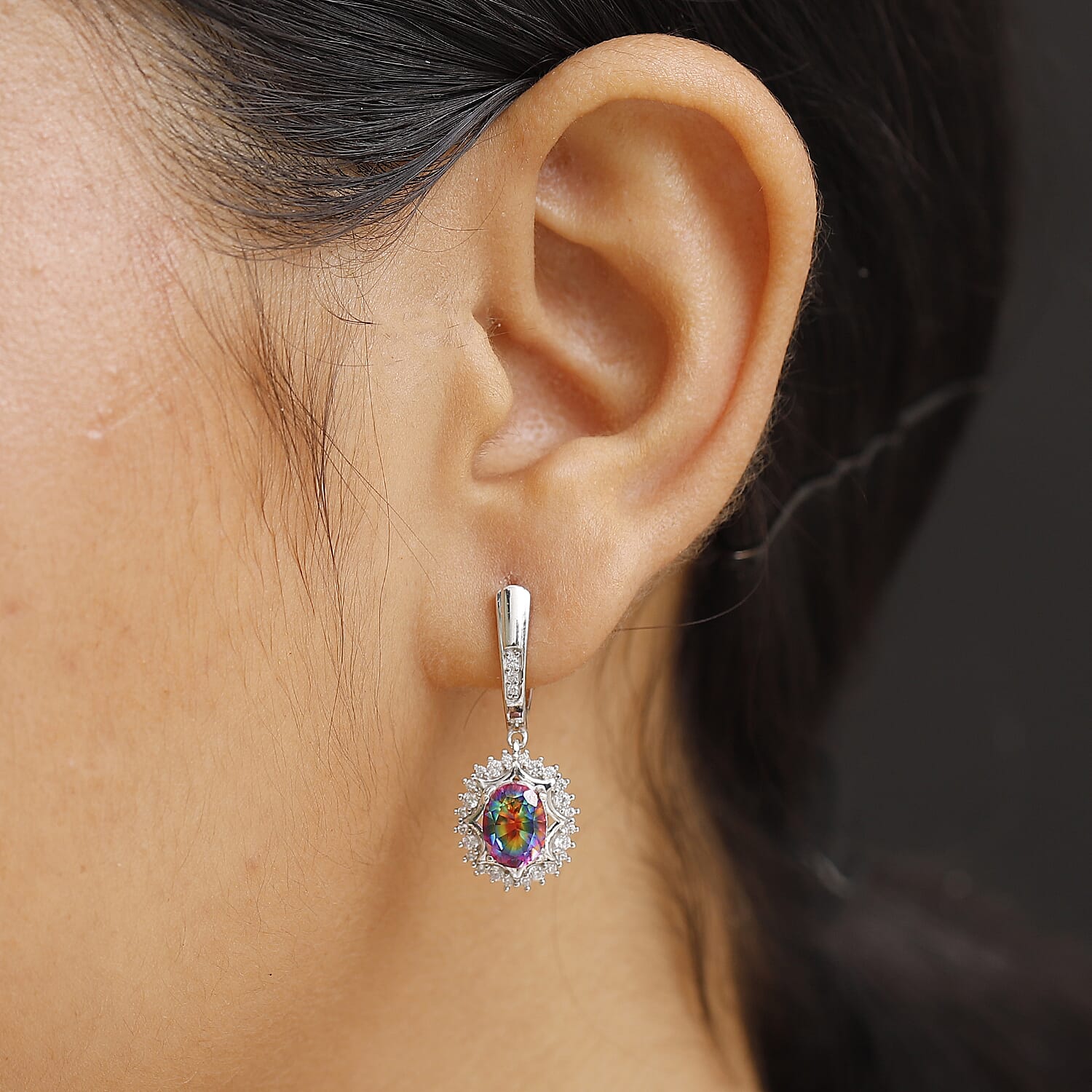 Nebula Quartz & White Zircon Cosmic Cloud Dangling Earring with Hoop in Rhodium Overlay Sterling Silver 3.43 Ct.
