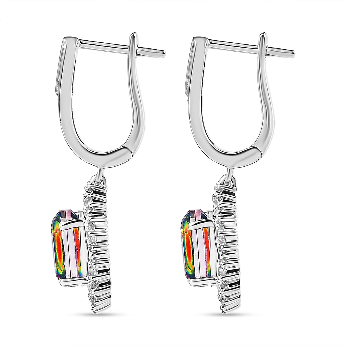 Nebula Quartz & White Zircon Cosmic Cloud Dangling Earring with Hoop in Rhodium Overlay Sterling Silver 3.43 Ct.