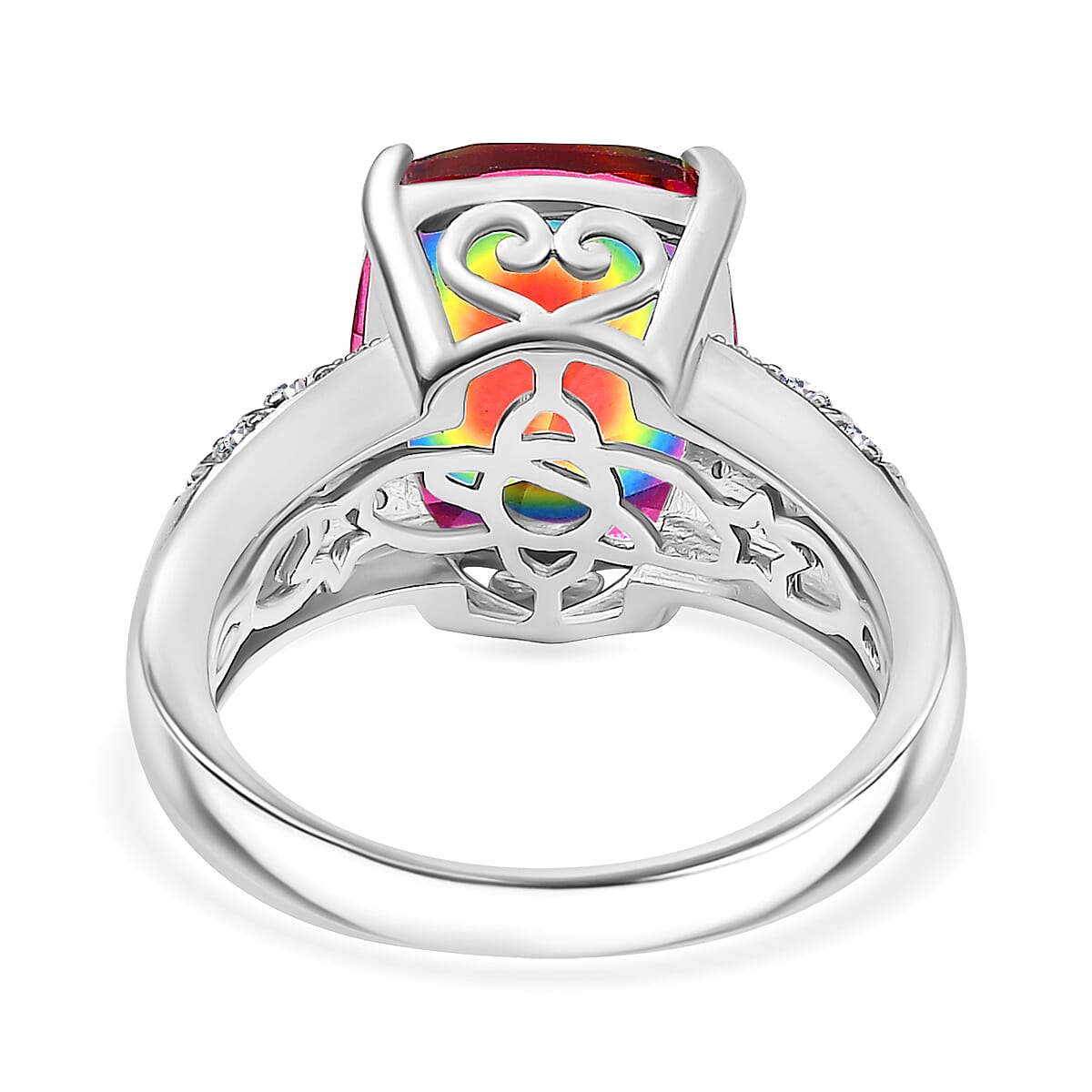 Saturn Glow Nebula Quartz & White Zircon Ring in Rhodium Overlay Sterling Silver 5.33 Ct.