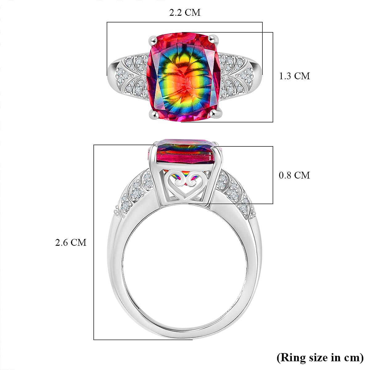Saturn Glow Nebula Quartz & White Zircon Ring in Rhodium Overlay Sterling Silver 5.33 Ct.