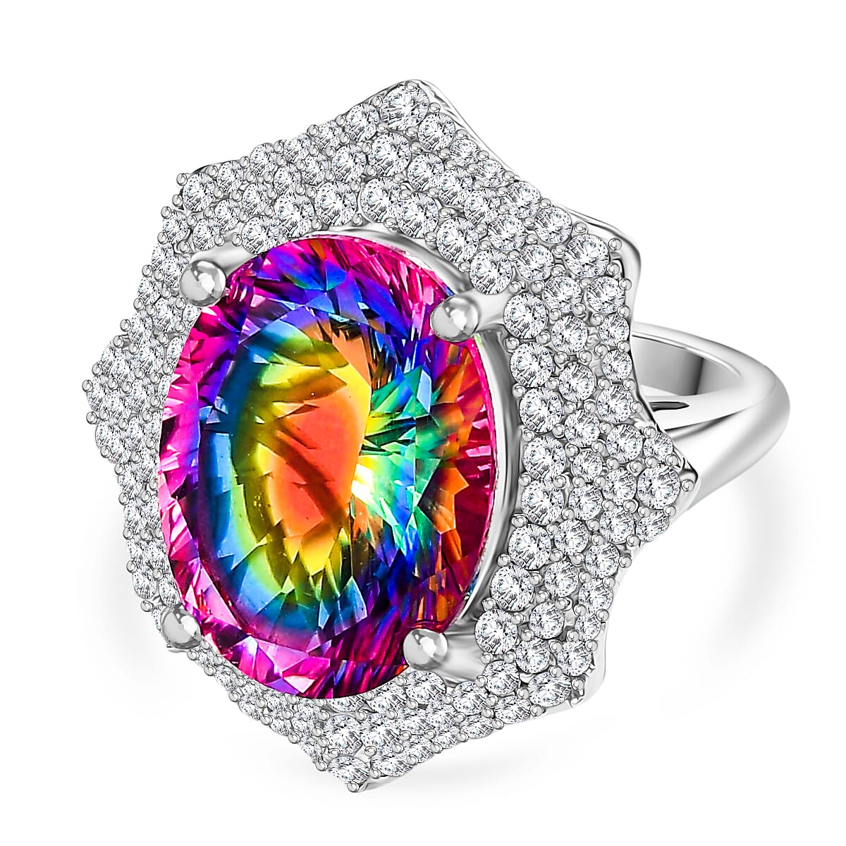 Nebula Quartz Doublet & White Zircon Ring in Rhodium Overlay Sterling Silver 10.50 Ct, Silver Wt. 6.17 Gms.