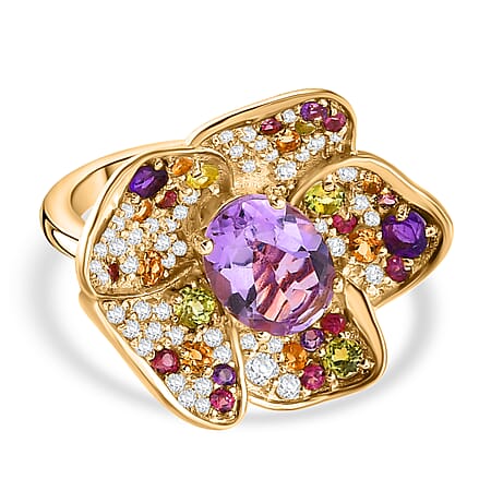 GP Italian Garden Collection - Pink Amethyst and Multi Gemstones Floral Ring in 18K Vermeil Yellow Gold Plated Sterling Silver