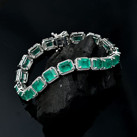 Emeraldine Triplet Quartz Tennis Bracelet (Size 7.5) with GB Lock Box in Rhodium Overlay Sterling Silver 24.85 Ct, Silver Wt. 14.46 Gms.