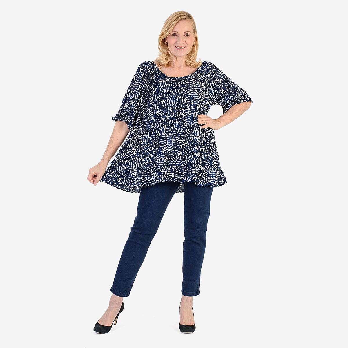 Nabella Womens Abstract Leaves Print Relaxed Fit Top (Size 12) - Blue