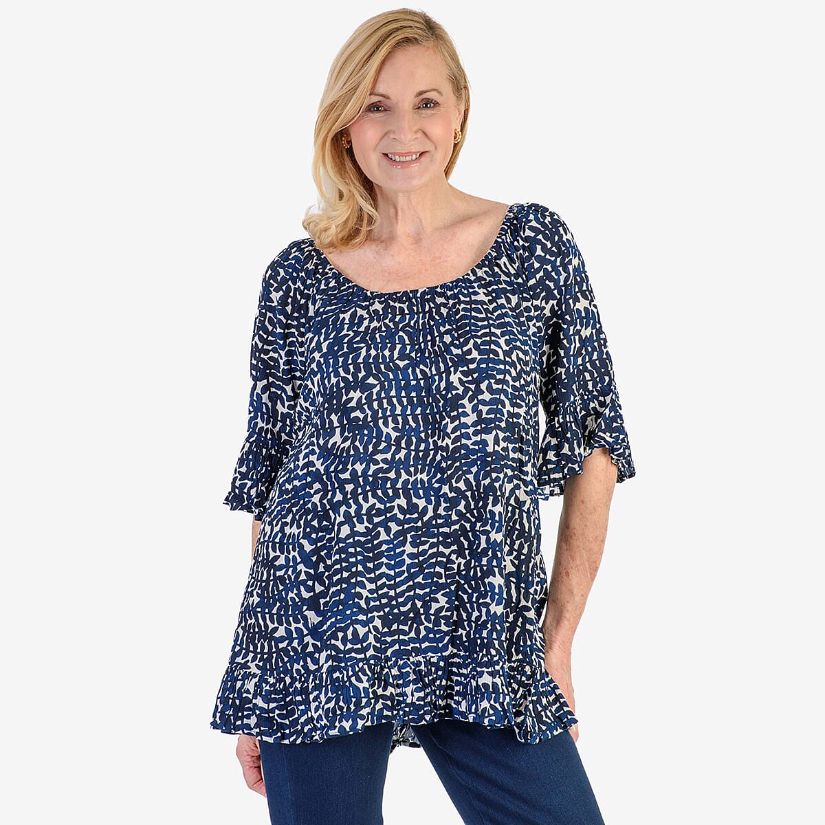 Nabella Womens Abstract Leaves Print Relaxed Fit Top (Size 14) - Blue