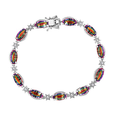 Nebula Quartz Doublet ,  White Zircon  Cluster Bracelet (Size - 8) in Rhodium Overlay Sterling Silver 18.04 ct,  Silver Wt. 10 Gms  19.020  Ct.