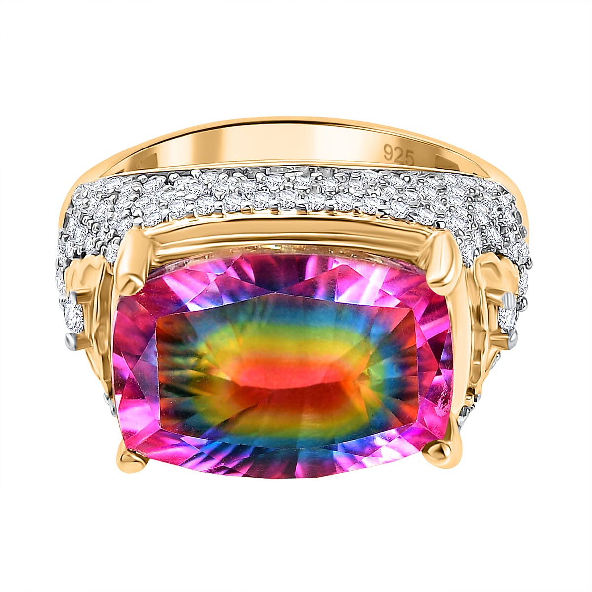 Galaxy Glow Nebula Quartz & White Zircon Ring in 18K Vermeil Yellow Gold Plated Sterling Silver 7.89 Ct.